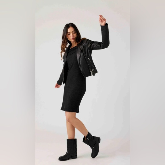 Sol Angeles Thermal Off-The-Shoulder Black Midi Dress Small - Picture 6 of 8